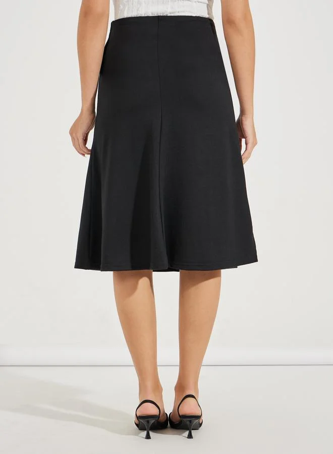 Styli Solid Flared Midi Skirt with Side Zip