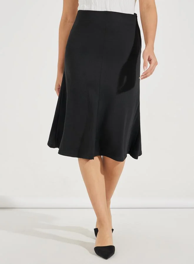 Styli Solid Flared Midi Skirt with Side Zip