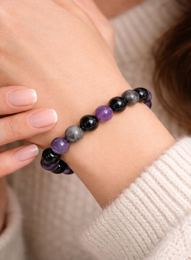 Sukhad Natural Amethyst & Black Stone Beaded Bracelet for Men & Women | Healing Crystal Stretch Bracelet | Unisex Spiritual Energy Bracelet | Meditation & Gift Jewelry - Image 2