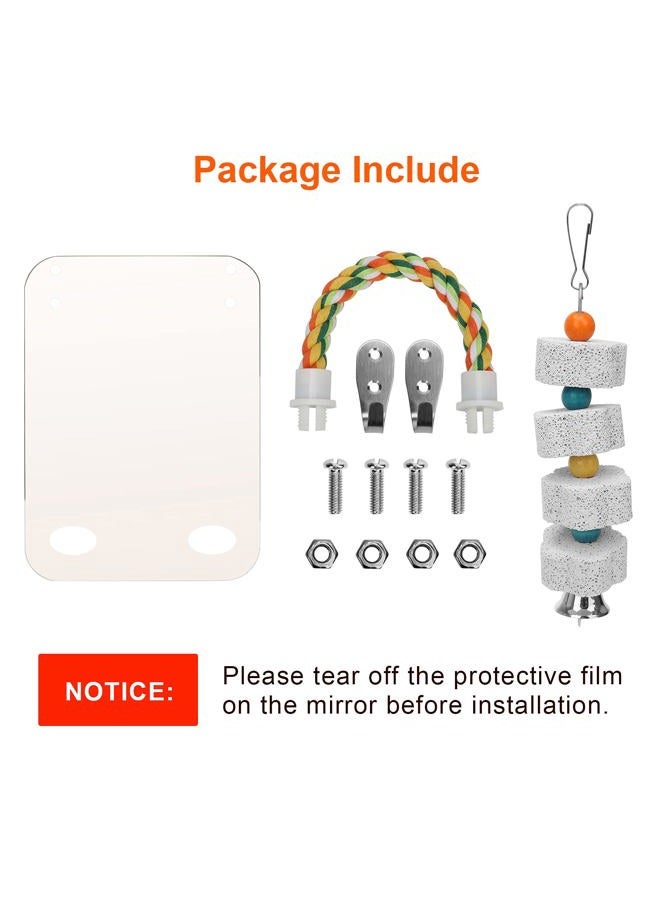 Ahier 7 Inch Bird Mirror with Rope Perch, Bird Toys Swing Parrot Grinding Stone with Bell for Parakeet Cockatoo Cockatiel Lovebirds Canaries - Image 3