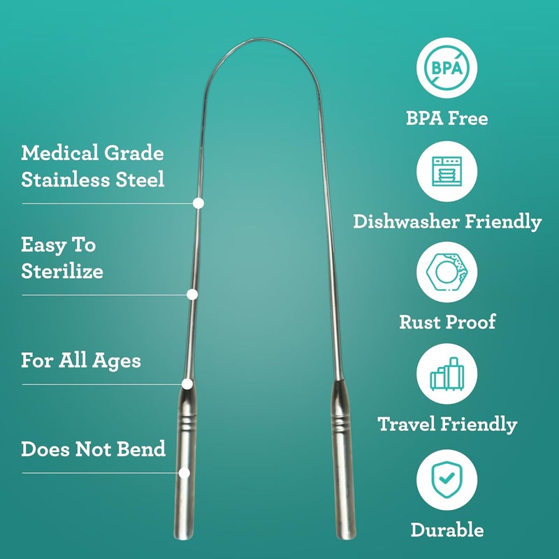 GuruNanda Tongue Scraper, Stainless Steel for Oral Hygiene, Bad Breath Treatment, Medical Grade 100% Cleaner with Travel Case Adults & Kids, Silver, 2 Count (Pack of 1) U Shaped - Image 3