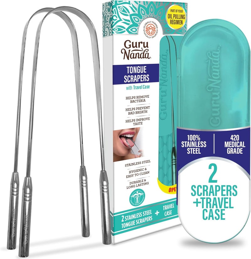 GuruNanda Tongue Scraper, Stainless Steel for Oral Hygiene, Bad Breath Treatment, Medical Grade 100% Cleaner with Travel Case Adults & Kids, Silver, 2 Count (Pack of 1) U Shaped - Image 1