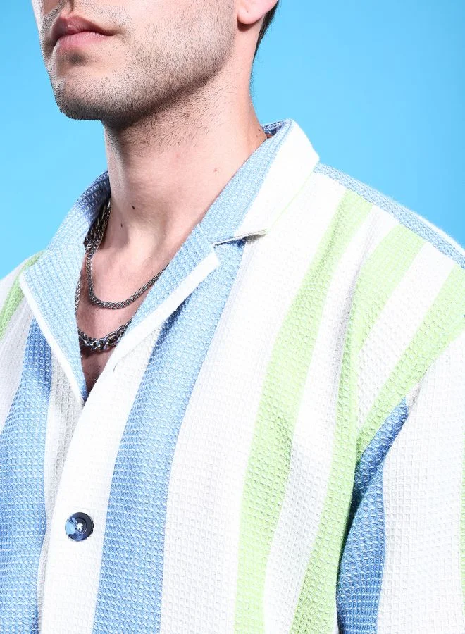 The Indian Garage Co Men Relaxed Fit Striped Half Sleeves Cuban Collar Resort Wear Shirt