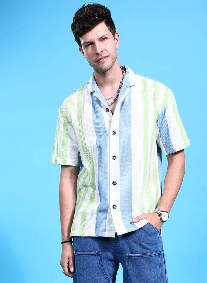 The Indian Garage Co Men Relaxed Fit Striped Half Sleeves Cuban Collar Resort Wear Shirt