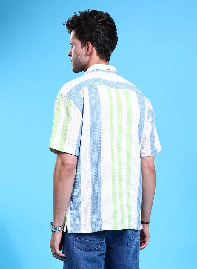 The Indian Garage Co Men Relaxed Fit Striped Half Sleeves Cuban Collar Resort Wear Shirt