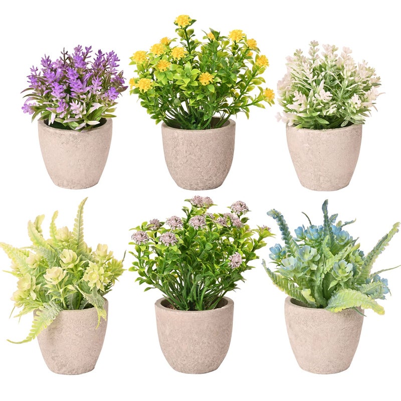 LUEUR Set of 6 Potted Artificial Flowers Arrangement, Fake Flowers with Vases Faux Flowers in Pot for Centerpiece Table Decorations Spring Decor for Home Office Desktop - Image 1