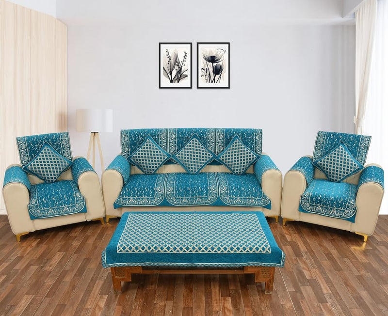 Dazzling DECOR Velvet Sofa Cover 5 Seater with 5 Pieces Cushion and 1 Piece Table Cover Sofa Slipcovers for Living Room - Aqua - Image 5