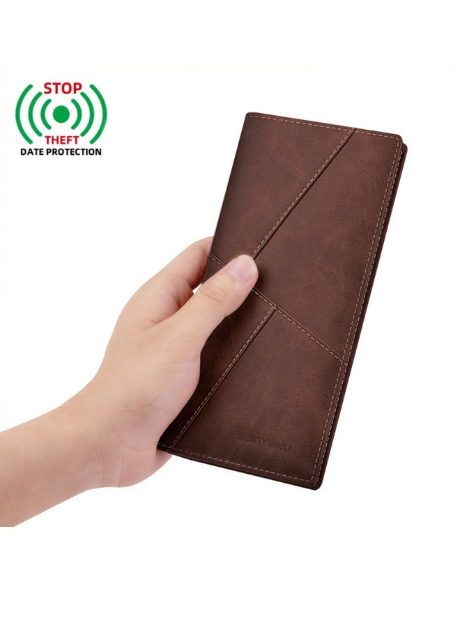 banyanu Men's Long Leather Multi-Card Slot Cowhide Ultra-Thin Business Wallet Card Wallet, Khaki  - Image 1