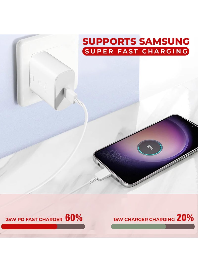 شاحن سامسونج Type C بقوة 25 واط - شاحن سريع للغاية مع محول حائط USB-C وكابل بطول 1 متر من USB-C إلى USB-C، متوافق مع سلسلة Galaxy S، سلسلة Note، وأجهزة USB-C، شاحن أندرويد - باللون الأبيض