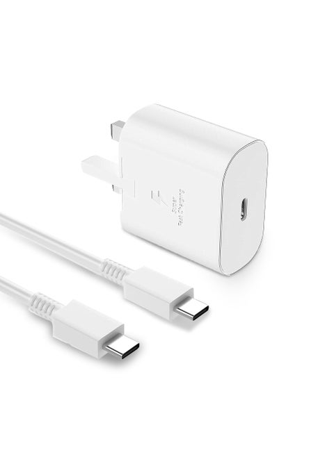 شاحن سامسونج Type C بقوة 25 واط - شاحن سريع للغاية مع محول حائط USB-C وكابل بطول 1 متر من USB-C إلى USB-C، متوافق مع سلسلة Galaxy S، سلسلة Note، وأجهزة USB-C، شاحن أندرويد - باللون الأبيض