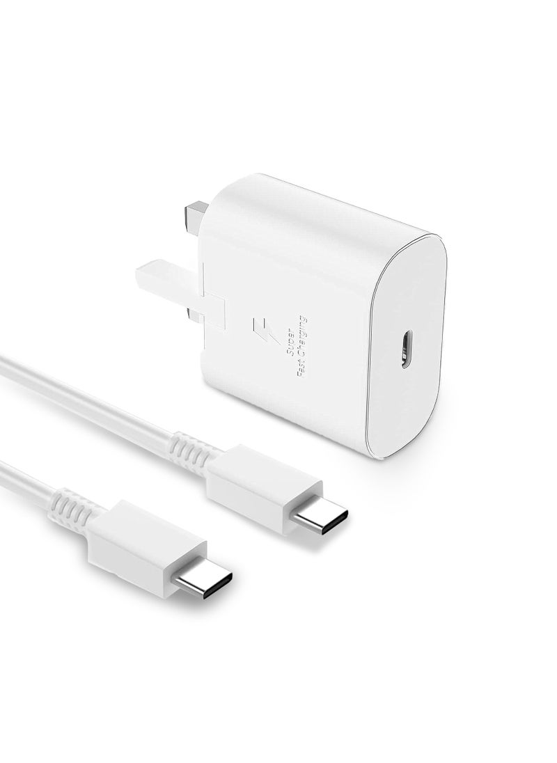 شاحن سامسونج Type C بقوة 25 واط - شاحن سريع للغاية مع محول حائط USB-C وكابل بطول 1 متر من USB-C إلى USB-C، متوافق مع سلسلة Galaxy S، سلسلة Note، وأجهزة USB-C، شاحن أندرويد - باللون الأبيض