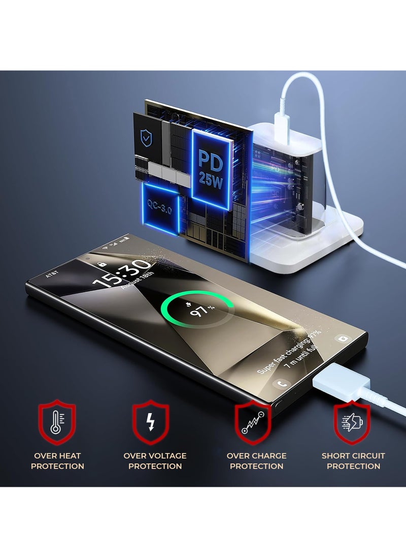 شاحن سامسونج Type C بقوة 25 واط - شاحن سريع للغاية مع محول حائط USB-C وكابل بطول 1 متر من USB-C إلى USB-C، متوافق مع سلسلة Galaxy S، سلسلة Note، وأجهزة USB-C، شاحن أندرويد - باللون الأبيض