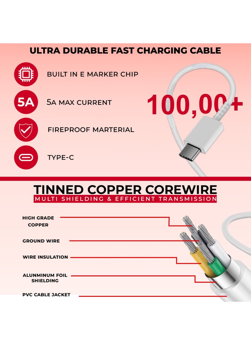 شاحن سامسونج Type C بقوة 25 واط - شاحن سريع للغاية مع محول حائط USB-C وكابل بطول 1 متر من USB-C إلى USB-C، متوافق مع سلسلة Galaxy S، سلسلة Note، وأجهزة USB-C، شاحن أندرويد - باللون الأبيض