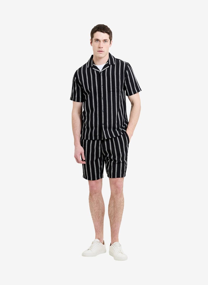 French Connection Men's Black/White Ss Ant Stripe Combo Holiday Shirt - Image 1