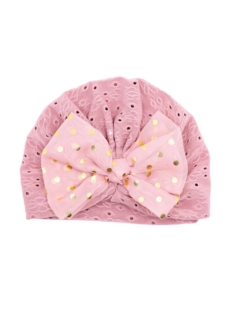Golden Polka Dot Bow Headband for Infants - Soft Pink Elastic Hair Wrap, Breathable Gentle Fabric for Sensitive Skin (0-12 Months, Snug Fit & Non-Slip)  - Image 2