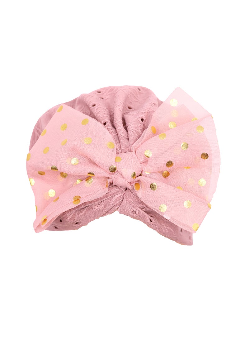 Golden Polka Dot Bow Headband for Infants - Soft Pink Elastic Hair Wrap, Breathable Gentle Fabric for Sensitive Skin (0-12 Months, Snug Fit & Non-Slip)  - Image 3