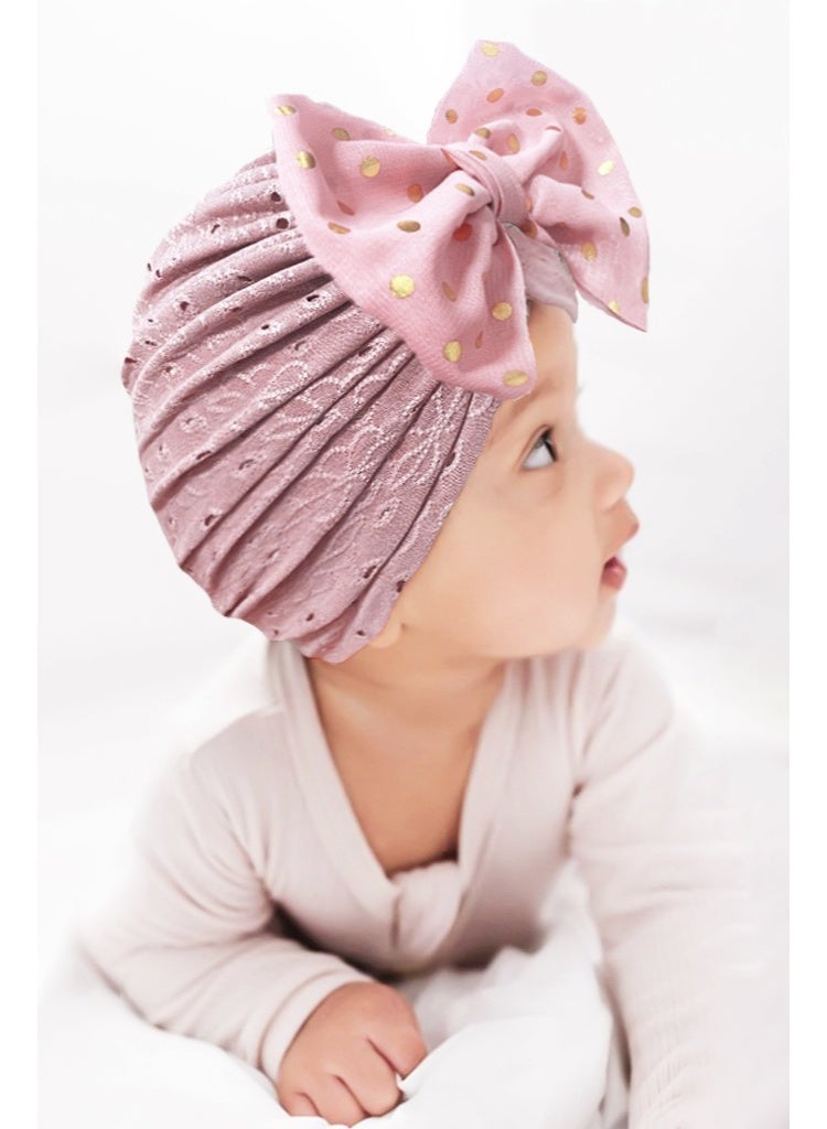 Golden Polka Dot Bow Headband for Infants - Soft Pink Elastic Hair Wrap, Breathable Gentle Fabric for Sensitive Skin (0-12 Months, Snug Fit & Non-Slip)  - Image 1
