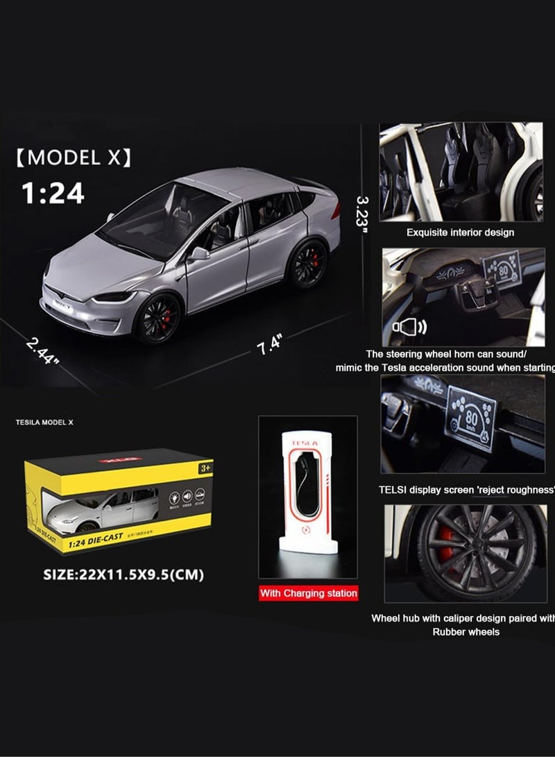 1:24 Scale Tesla Model X Alloy Car Model Kids Diecast Toy Car, Tesla Car Model X Gullwing Door, Pull Back Alloy Car with Light and Music, Gift for Boys and Girls (Gray) - Image 2