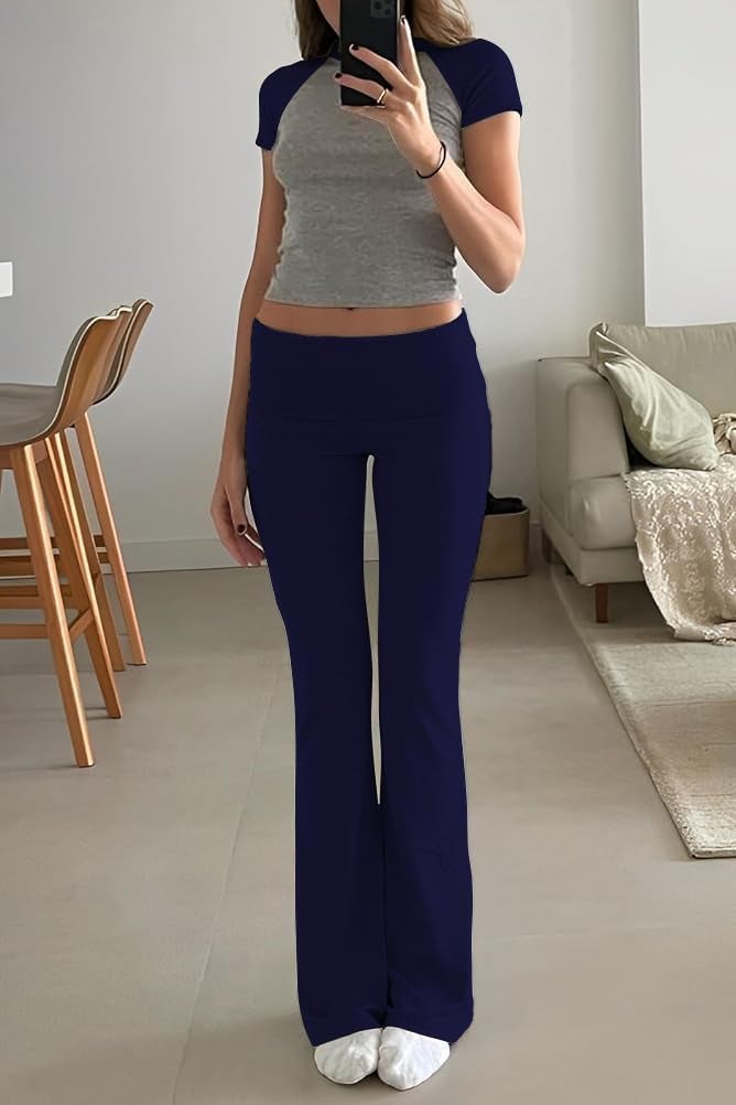 ZFLM Casual Workout Two Piece Outfits for Women Short Sleeve Crop High Waist Foldover Flare Pants Tracksuit Sets Streetwear - Image 4