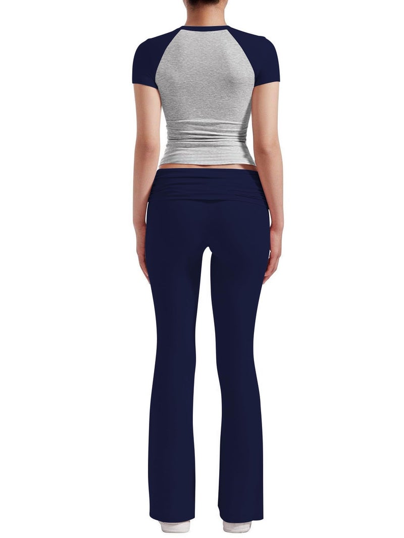 ZFLM Casual Workout Two Piece Outfits for Women Short Sleeve Crop High Waist Foldover Flare Pants Tracksuit Sets Streetwear - Image 2