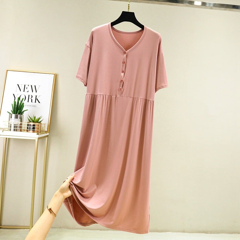 Buttons Summer Thin Mid-length Dress Postpartum Pregnant Womens Breastfeeding Maternity Dress Short-sleeved Nightdress Loose Home Dress Lotus root starch 