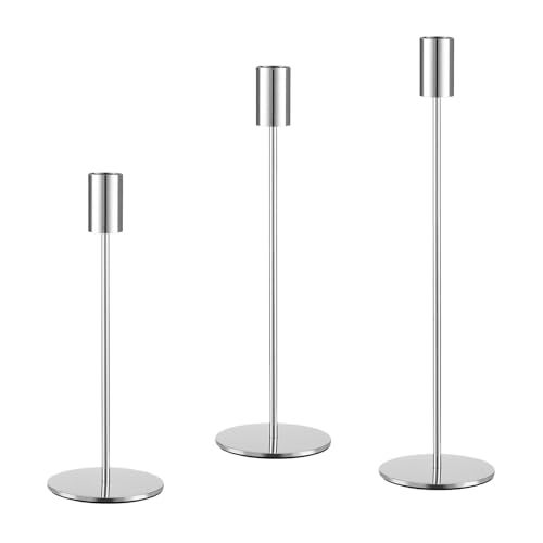 AUMAYCO Set of 3 Silver Taper Candle Holders Metal Gold Candlestick Holders Tall Candle Holder Fits 34 inch Thick CandleLed Candles for Table Centerpiece Wedding Dinning Party Home Decor - Image 1