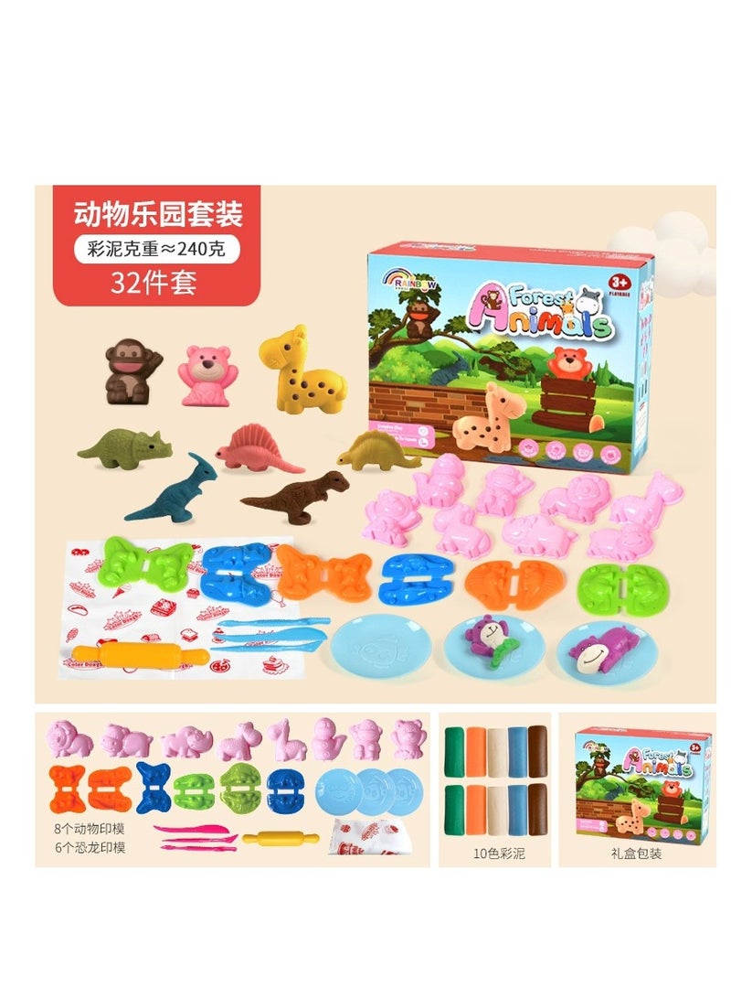DIY Playdough Set Play Dough Tools Forest Animals & Dinosaurs Play Set with 32 Pcs, 8 Animal Molds, 6 Dinosaur Molds, 10 Colors of Dough, Jungle & Zoo Pretend Play for Kids Ages 3+, Educational Toy, Birthday Gift