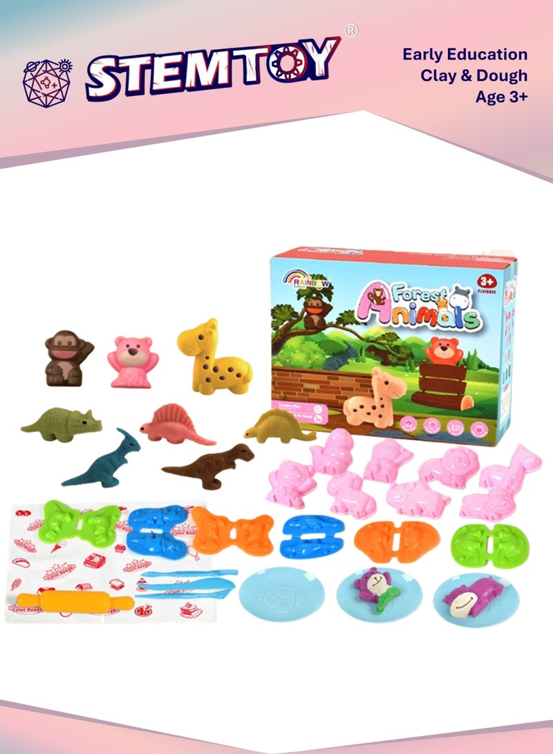 STEMTOY DIY Playdough Set Play Dough Tools Forest Animals & Dinosaurs Play Set with 32 Pcs, 8 Animal Molds, 6 Dinosaur Molds, 10 Colors of Dough, Jungle & Zoo Pretend Play for Kids Ages 3+, Educational Toy, Birthday Gift - Image 1