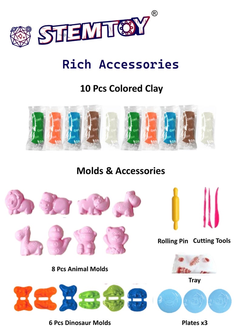 STEMTOY DIY Playdough Set Play Dough Tools Forest Animals & Dinosaurs Play Set with 32 Pcs, 8 Animal Molds, 6 Dinosaur Molds, 10 Colors of Dough, Jungle & Zoo Pretend Play for Kids Ages 3+, Educational Toy, Birthday Gift - Image 2