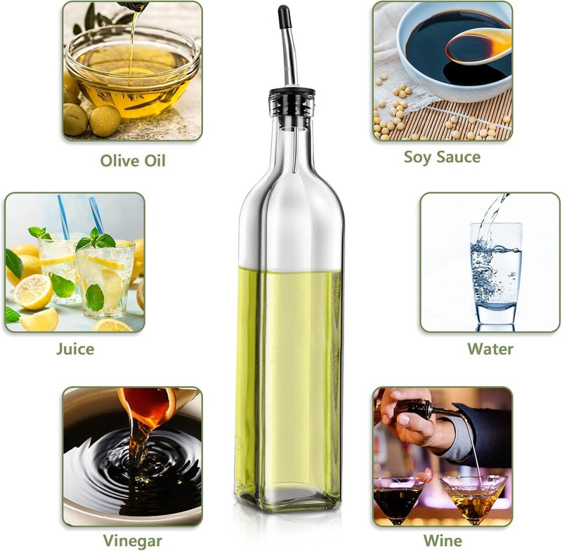 Leaflai Olive Oil Dispenser Bottle, 2 Pcs Glass Olive Oil Dispenser and Vinegar Dispenser Set with 2 Stainless Steel Pourers, 4 Labels,1 Brush and 1 Funnel Oil Bottles for Kitchen (500ml) - Image 2