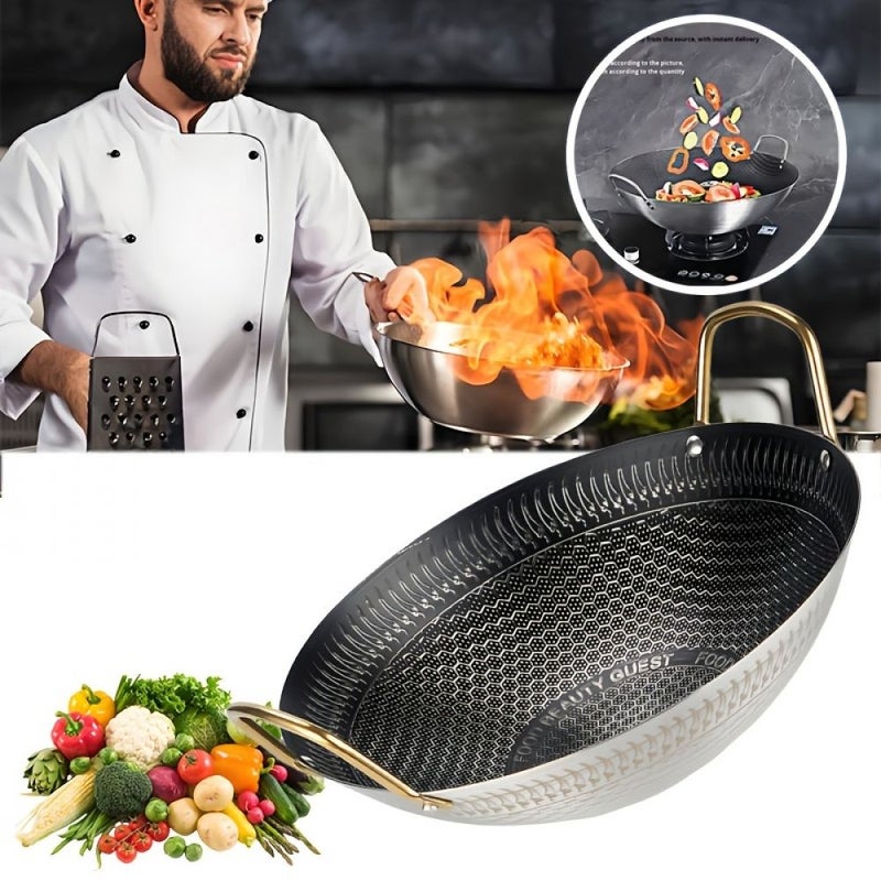 Universal Stainless Steel Honeycomb Frying Pan 10.24 Inch Silver Nonstick Cooking Pot With Golden Handle For Stir Fry Vegetables Everyday Cooking - Image 2