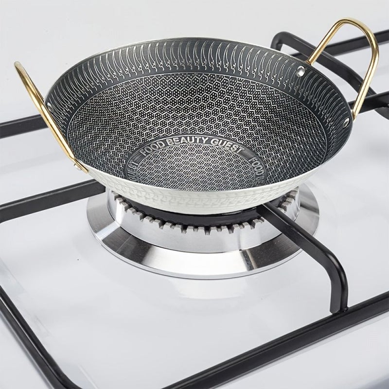 Universal Stainless Steel Honeycomb Frying Pan 10.24 Inch Silver Nonstick Cooking Pot With Golden Handle For Stir Fry Vegetables Everyday Cooking - Image 1