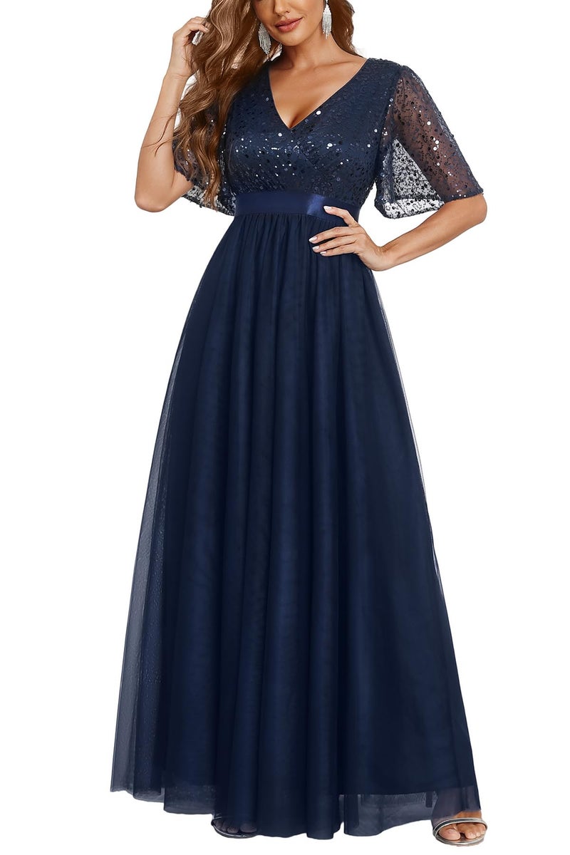 Talisea Formal Dresses Women Navy Blue Prom Evening Gown Sequin Tulle V Neck Ruffle Short Sleeve Empire Waist A Line Long Dress - Image 2