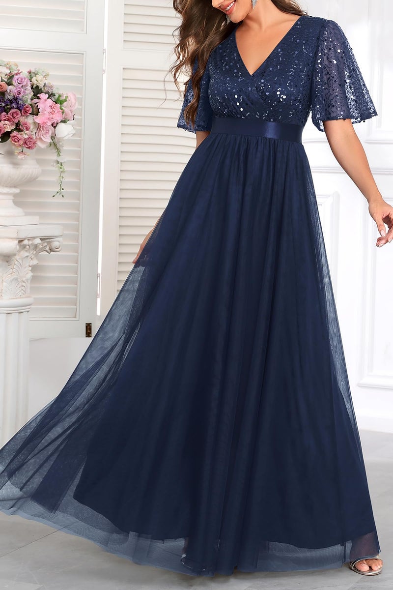 Talisea Formal Dresses Women Navy Blue Prom Evening Gown Sequin Tulle V Neck Ruffle Short Sleeve Empire Waist A Line Long Dress - Image 5