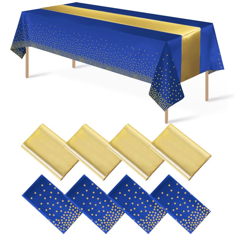 MASHAN 8Pack Disposable Plastic Tablecloths and Satin Table Runner Set Blue and Gold Dot Tablecloth Gold Satin Table Runner for Wedding Birthday Baby Shower Anniversary Christmas New Year Party Decorations - Image 1
