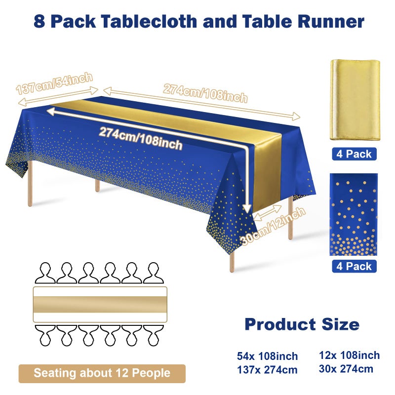 MASHAN 8Pack Disposable Plastic Tablecloths and Satin Table Runner Set Blue and Gold Dot Tablecloth Gold Satin Table Runner for Wedding Birthday Baby Shower Anniversary Christmas New Year Party Decorations - Image 2