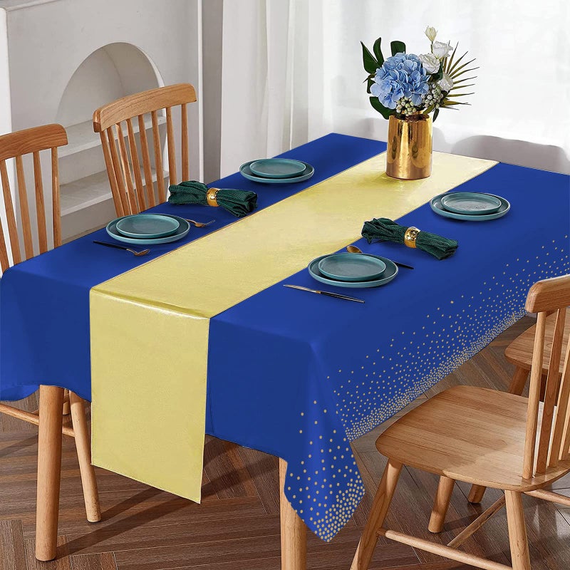 MASHAN 8Pack Disposable Plastic Tablecloths and Satin Table Runner Set Blue and Gold Dot Tablecloth Gold Satin Table Runner for Wedding Birthday Baby Shower Anniversary Christmas New Year Party Decorations - Image 4
