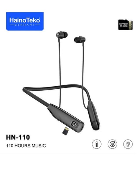 HN110 Bluetooth Neck Band Headphone 110 Hours Music With High Bass Sound Quality Super Clear Mic And TF Card Support Black