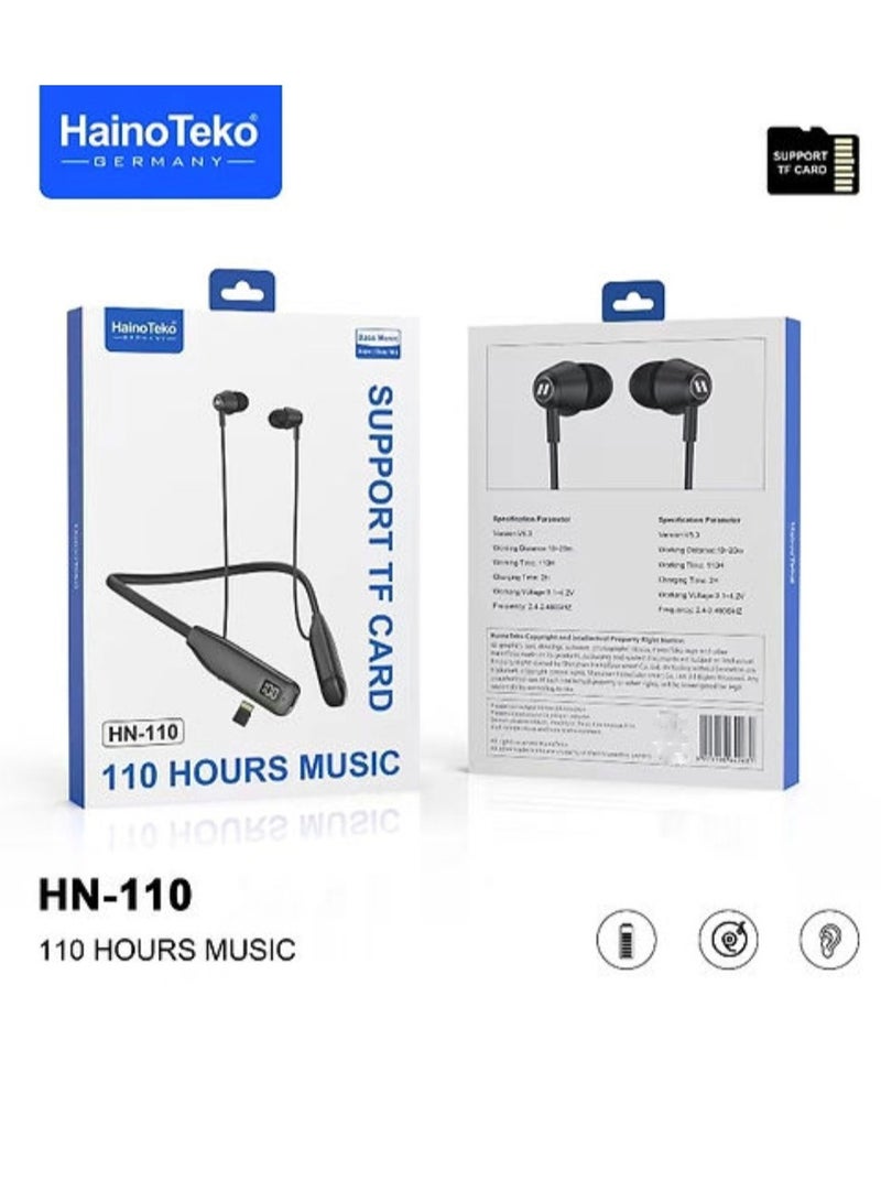 Haino Teko HN110 Bluetooth Neck Band Headphone 110 Hours Music With High Bass Sound Quality Super Clear Mic And TF Card Support Black - Image 2