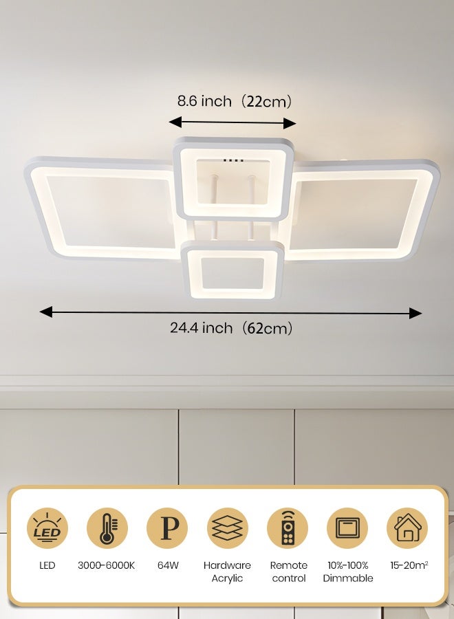YATAI LIGHTING Modern 4-Square Ring LED Ceiling Light, 64W Semi-Flush Mount Fixture with Remote, Dimmable 3000Kâ6000K, White Rectangular Light for Living Room, Bedroom, Dining â 62cm - Image 3