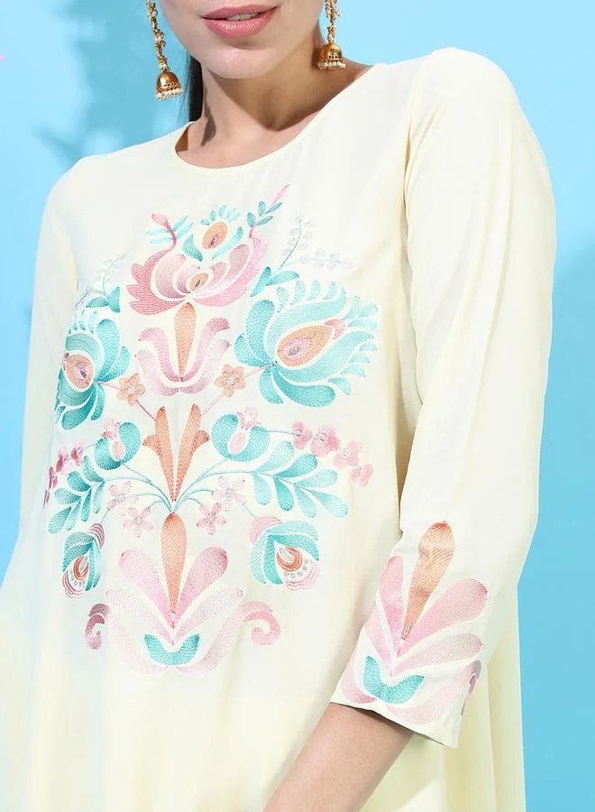 Vishudh Women Embroidered High-Low Kurta with Dhoti Pants by Styli