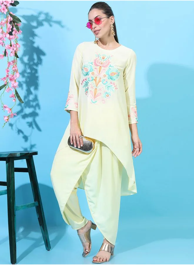 فيشود Women Embroidered High-Low Kurta with Dhoti Pants by Styli