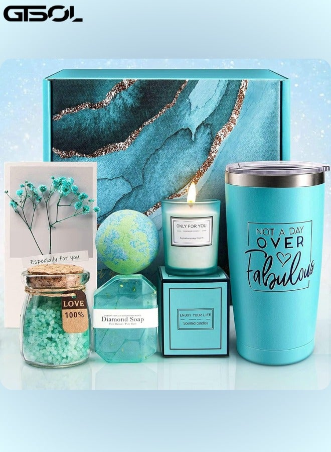 ج ت س آ ل علبة هدايا فاخرة باللون الفيروزي للنساء – طقم عناية ذاتية مكون من 7 قطع برائحة اللافندر مع كوب 20 أونصة، شمعة، قنبلة استحمام، صابون، ملح استحمام وبطاقة تهنئة – هدية أنيقة للاسترخاء للنساء - Image 1