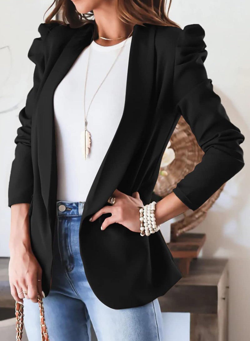 KIRUNDO Women's 2026 Spring Fall Casual Blazers Puff Sleeve Lapel Open Front Work Suit Office Blazer Jackets with Pockets (Black, Medium) - Image 2