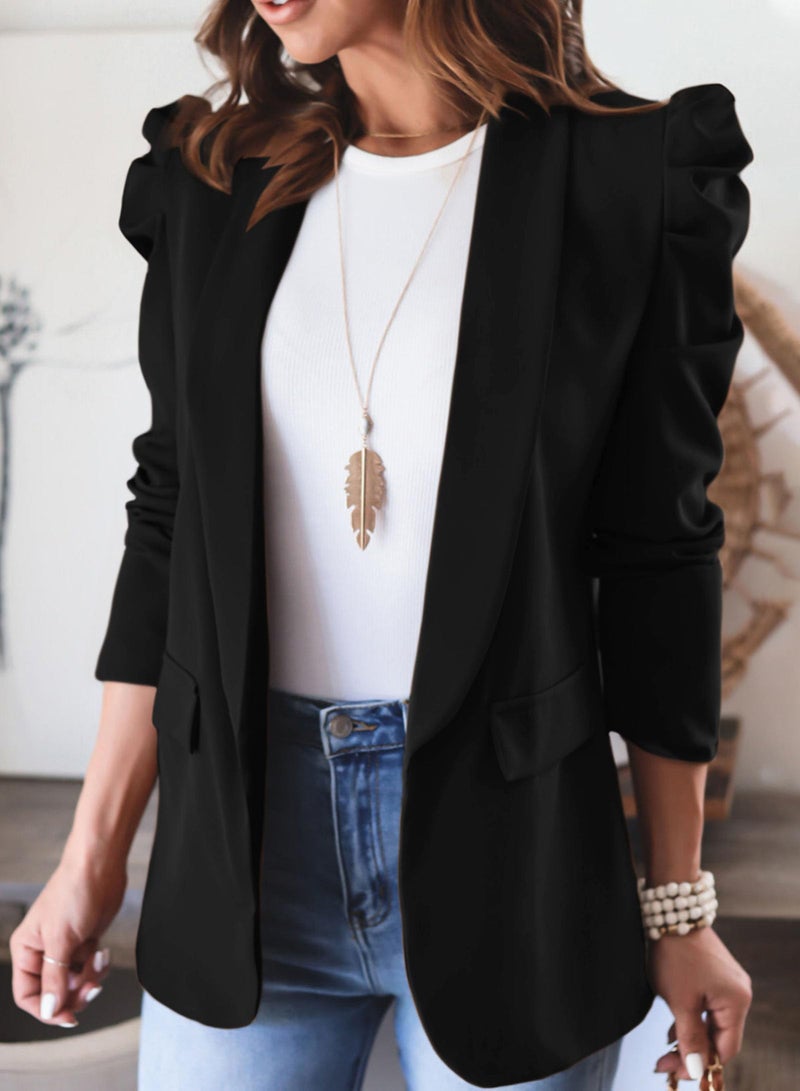 KIRUNDO Women's 2026 Spring Fall Casual Blazers Puff Sleeve Lapel Open Front Work Suit Office Blazer Jackets with Pockets (Black, Medium) - Image 4