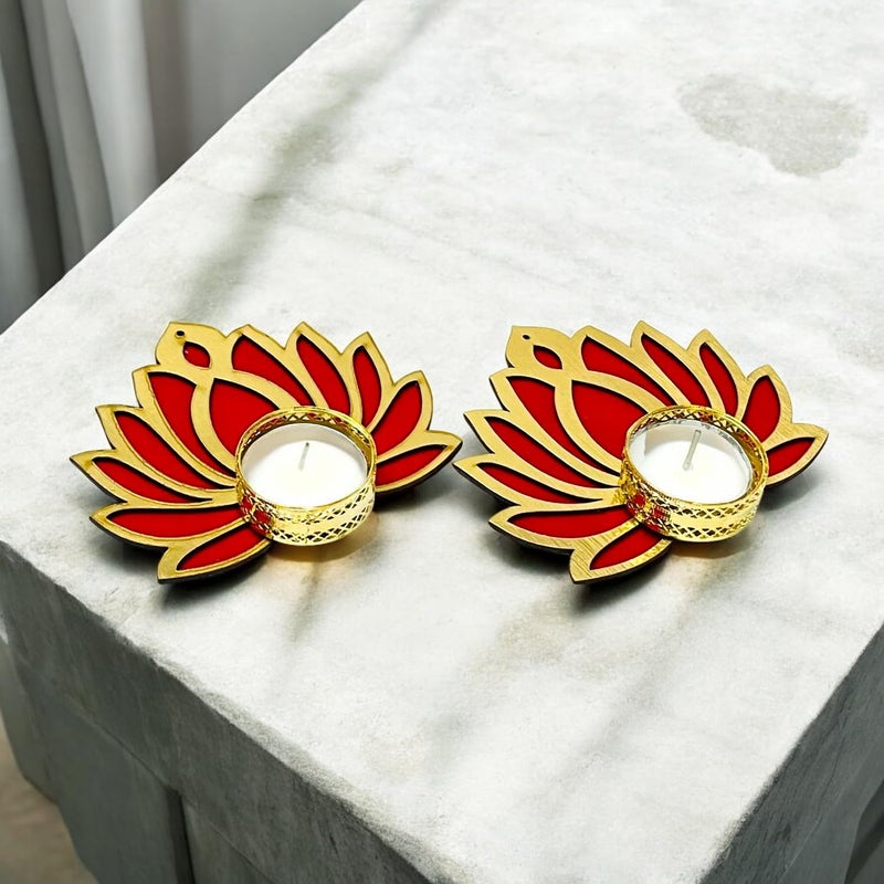 AorviDesigns AorviDesigns Tealight Candle Holder 2 Pcs Lotus Design MetalCandle Holder Lotus Floor Decoration Reusable Diwali Decoration Rangoli for Puja Decor Tealight Candle HolderRed 
