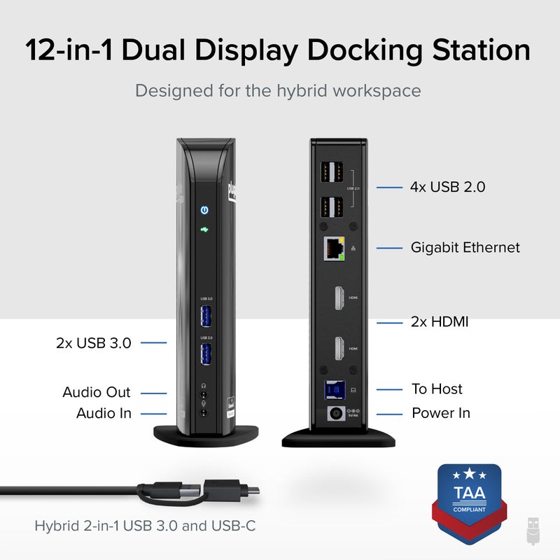 Plugable USB 3.0 Universal Laptop Docking Station Dual HDMI Monitor for Windows and Mac (Driver Required), USB 3.0 or USB-C, 2X HDMI, Gigabit Ethernet, Audio, 6 USB Ports (UD-3900) - Image 2