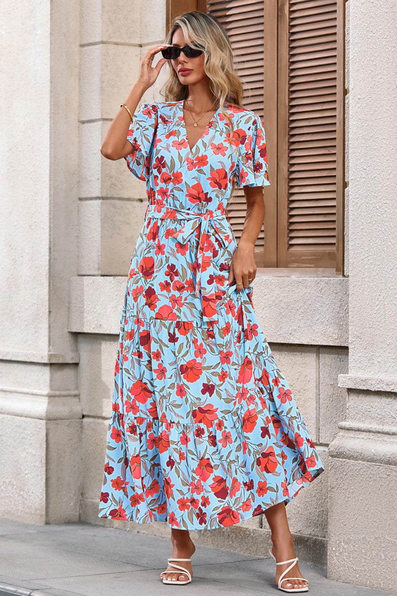 MASCOMODA Womens Summer Boho Maxi Dress Floral Wrap V Neck Flutter Short Sleeve Tie Waist A Line Tiered Flowy Long Dresses(Blue Red Flower,Large) - Image 5