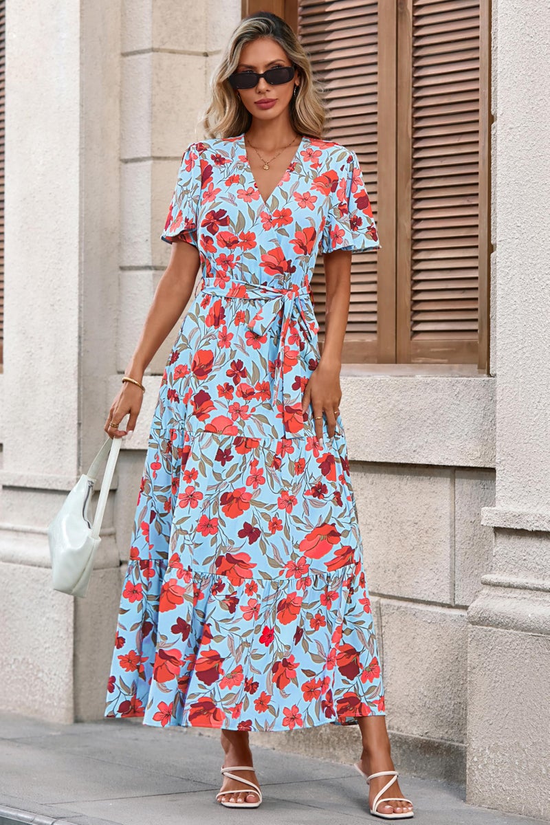 MASCOMODA Womens Summer Boho Maxi Dress Floral Wrap V Neck Flutter Short Sleeve Tie Waist A Line Tiered Flowy Long Dresses(Blue Red Flower,Large) - Image 3