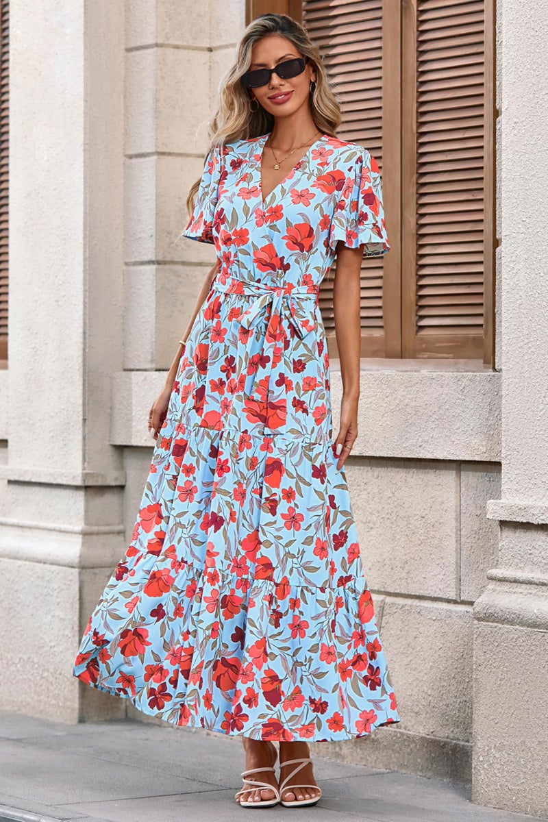 MASCOMODA Womens Summer Boho Maxi Dress Floral Wrap V Neck Flutter Short Sleeve Tie Waist A Line Tiered Flowy Long Dresses(Blue Red Flower,Large) - Image 2